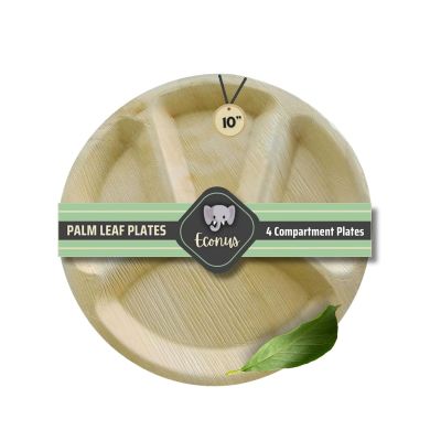 Export Quality Plates | Pack of 50 | 10-inch Disposable Round Plates with 4 Compartment Areca Leaf Plate Plastic Free Eco friendly for Party Function