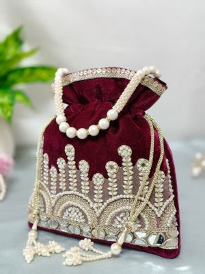 Radiant Glamour: Mirror & Pearl Hand-Embellished Festive Potli